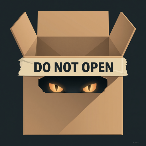 A cardboard box taped shut, two glowing cat eyes inside